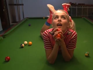 Sasha wriggles her horny pussy over the pool table
